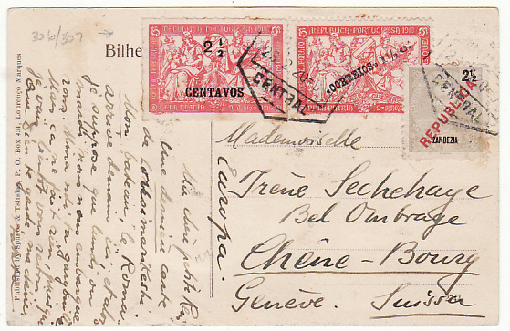 [18776[ MOZAMBIQUE - SWITZERLAND…ZAMBEZIA & WAR TAX... 1920 (Feb 23)